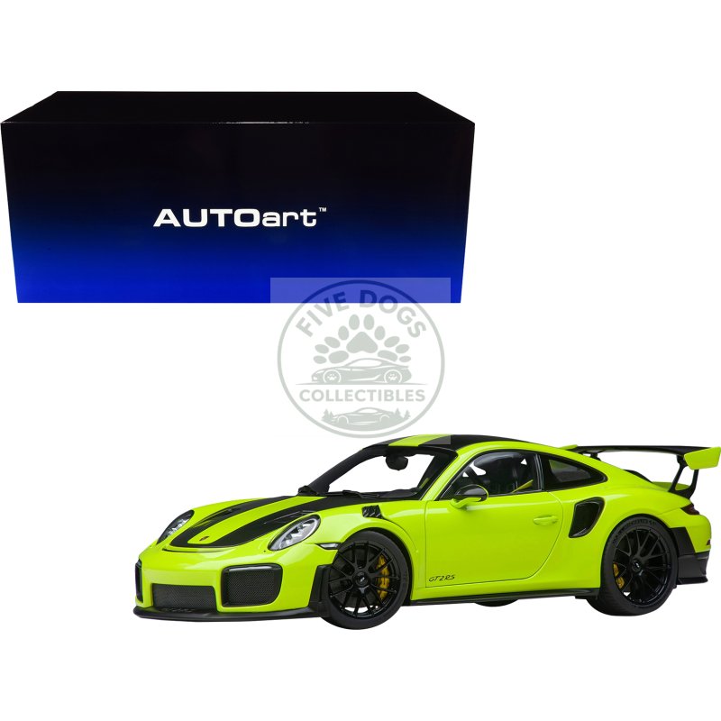 porsche 911 (991.2) gt2 rs weissach package acid green with carbon stripes 1/18 model car by autoart