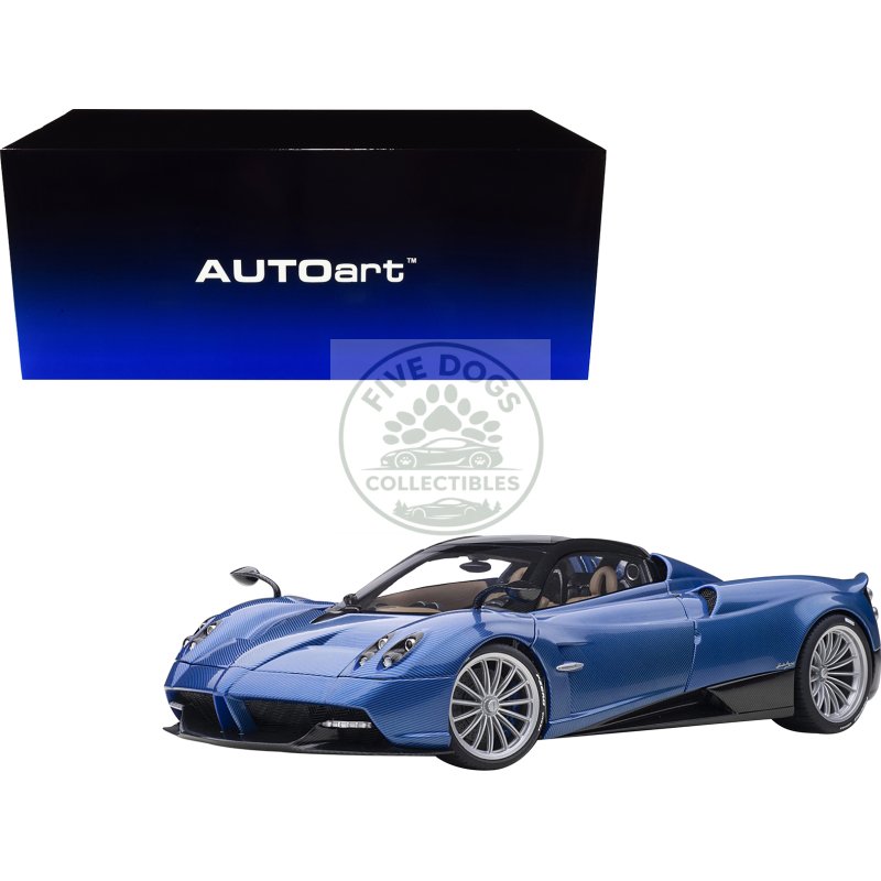 pagani huayra roadster blue tricolore carbon fiber with black top with luggage set 1/18 model car by autoart