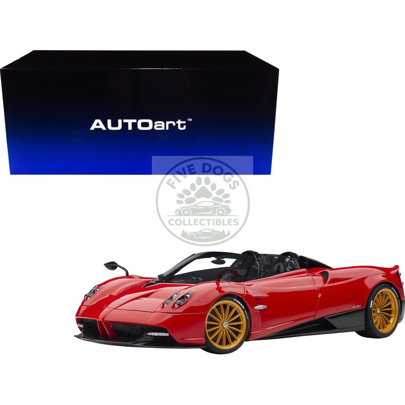 pagani huayra roadster rosso monza red and carbon with luggage set 1/18 model car by autoart