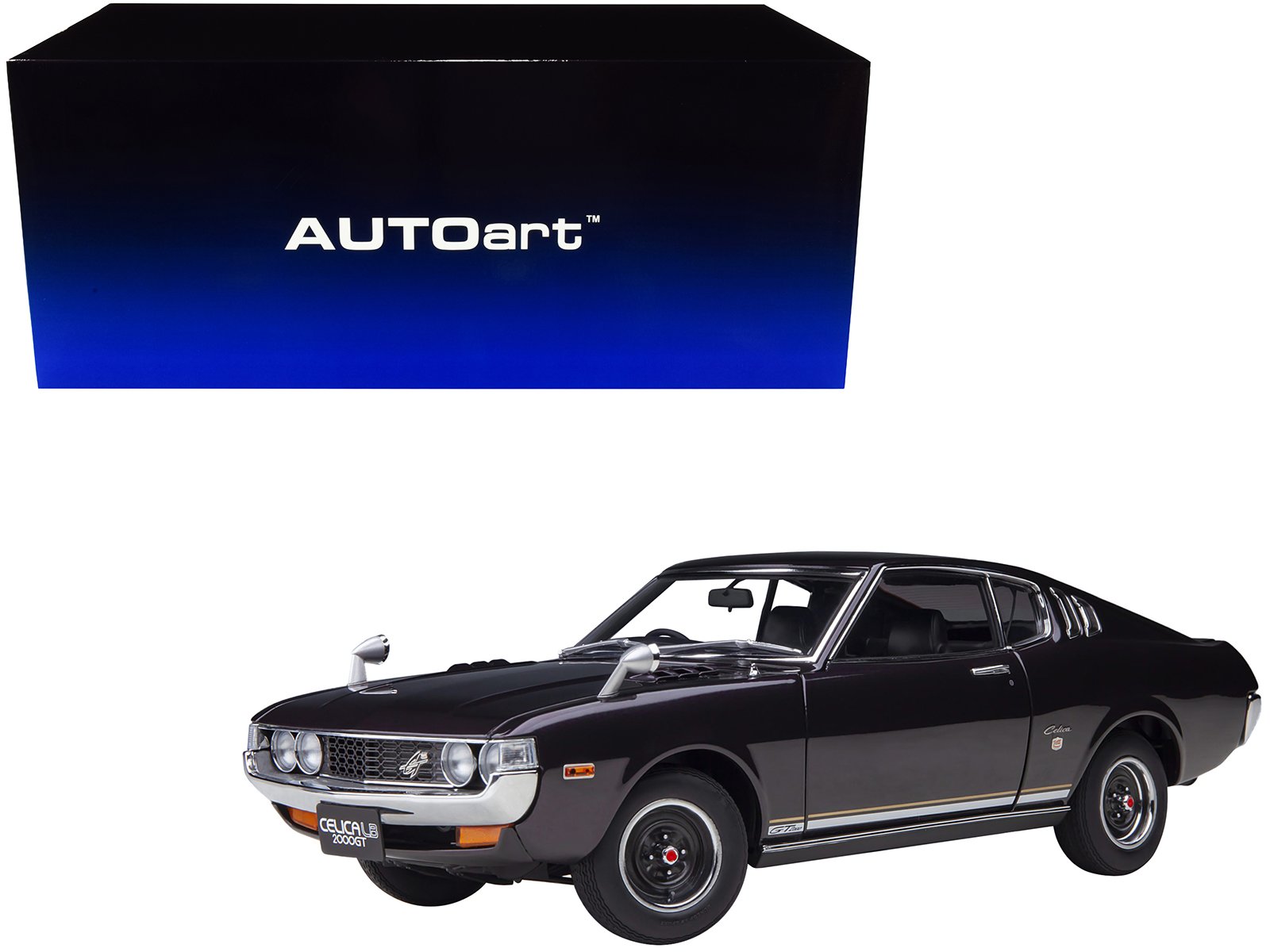 1973 toyota celica liftback 2000gt (ra25) rhd (right hand drive) dark purple metallic 1/18 model car by autoart 1973 toyota celica liftback 2000gt (ra25) rhd (right hand drive) dark purple metallic 1/18 model car by autoart