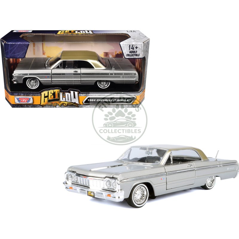 1964 chevrolet impala lowrider hard top silver metallic with gold metallic top "get low" series 1/24 diecast model car by motormax