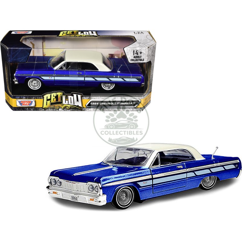 1964 chevrolet impala lowrider hard top candy blue metallic with cream top "get low" series 1/24 diecast model car by motormax