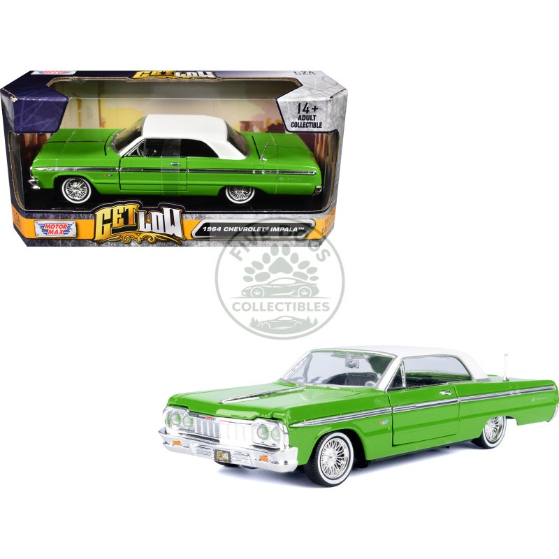 1964 chevrolet impala lowrider hard top green with white top "get low" series 1/24 diecast model car by motormax