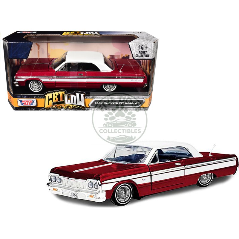1964 chevrolet impala lowrider hard top candy red metallic with white top "get low" series 1/24 diecast model car by motormax