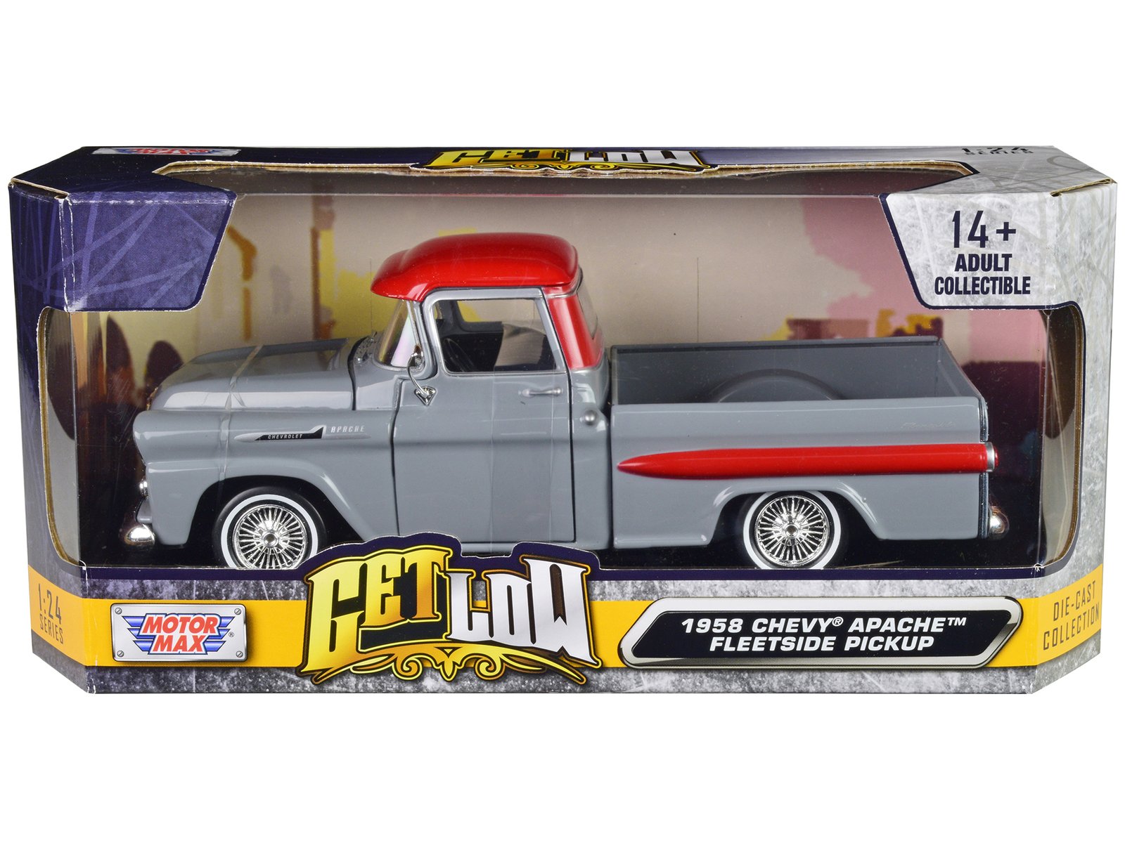 1958 chevrolet apache fleetside pickup truck lowrider gray with red top "get low" series 1/24 diecast model car by motormax 1958 chevrolet apache fleetside pickup truck lowrider gray with red top "get low" series 1/24 diecast model car by motormax