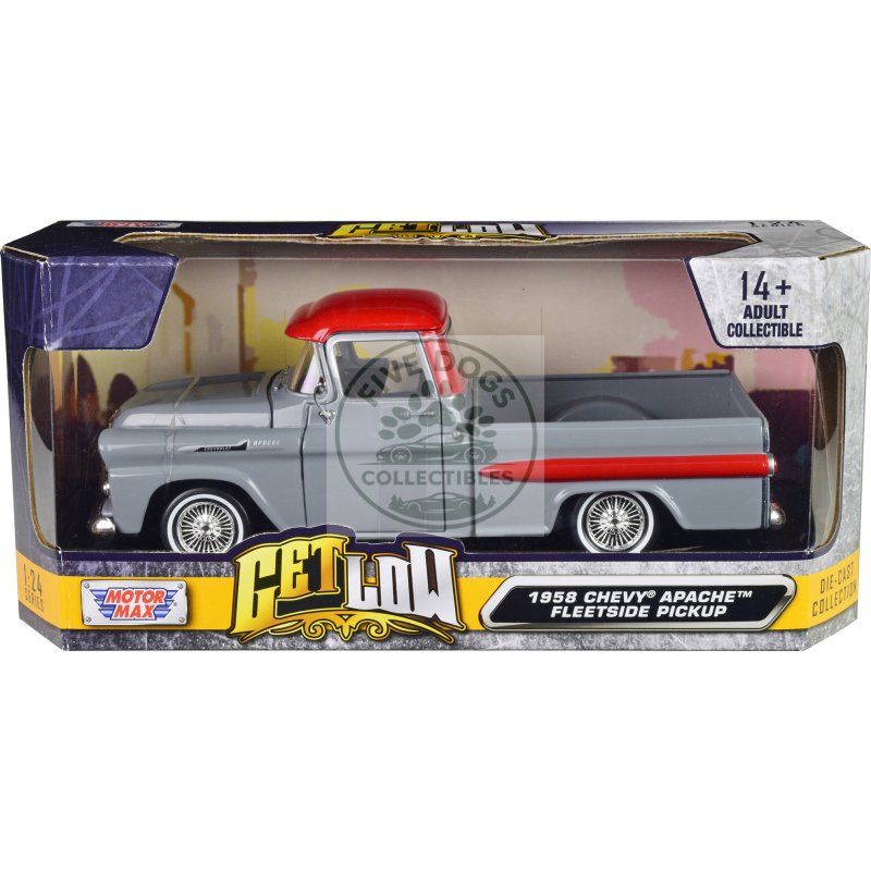 1958 chevrolet apache fleetside pickup truck lowrider gray with red top "get low" series 1/24 diecast model car by motormax