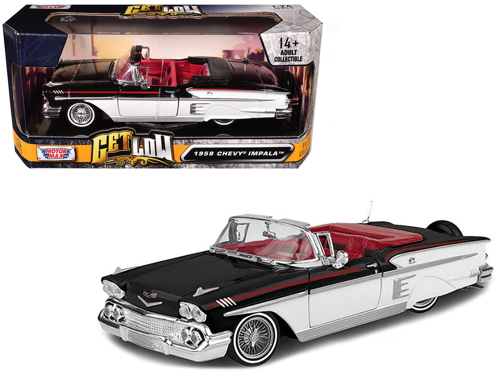 1958 chevrolet impala convertible lowrider black and white with red interior "get low" series 1/24 diecast model car by motormax 1958 chevrolet impala convertible lowrider black and white with red interior "get low" series 1/24 diecast model car by motormax