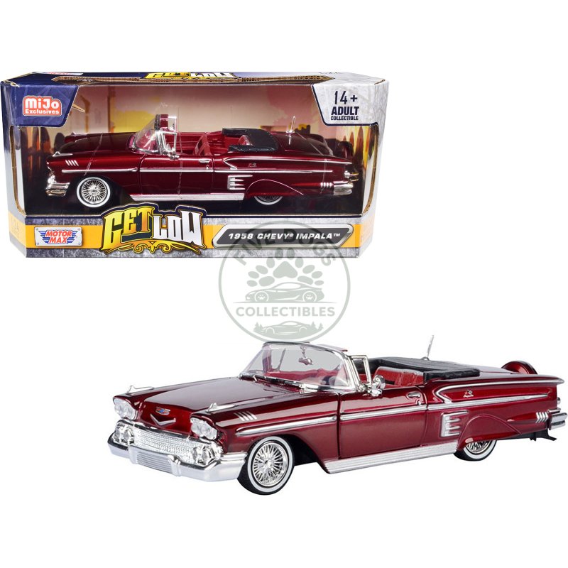 1958 chevrolet impala convertible lowrider dark red metallic with red interior "get low" series 1/24 diecast model car by motormax