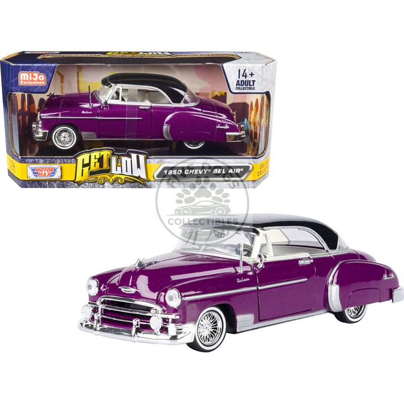 1950 chevrolet bel air lowrider purple metallic with black top and white interior "get low" series 1/24 diecast model car by motormax
