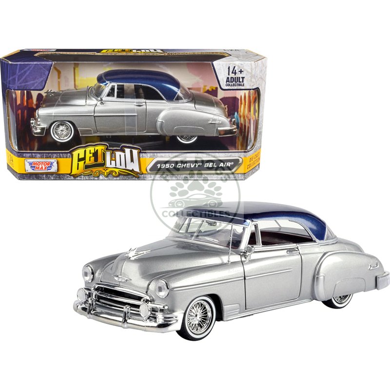 1950 chevrolet bel air lowrider silver metallic with blue metallic top "get low" series 1/24 diecast model car by motormax