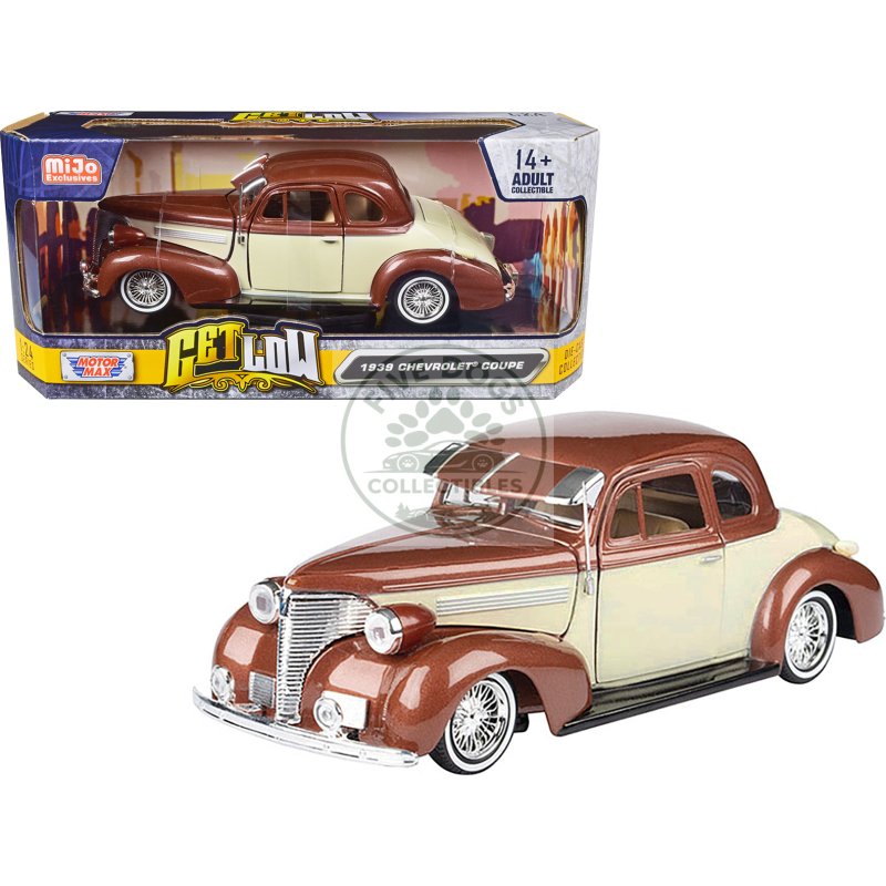 1939 chevrolet coupe lowrider beige and brown metallic "get low" series 1/24 diecast model car by motormax