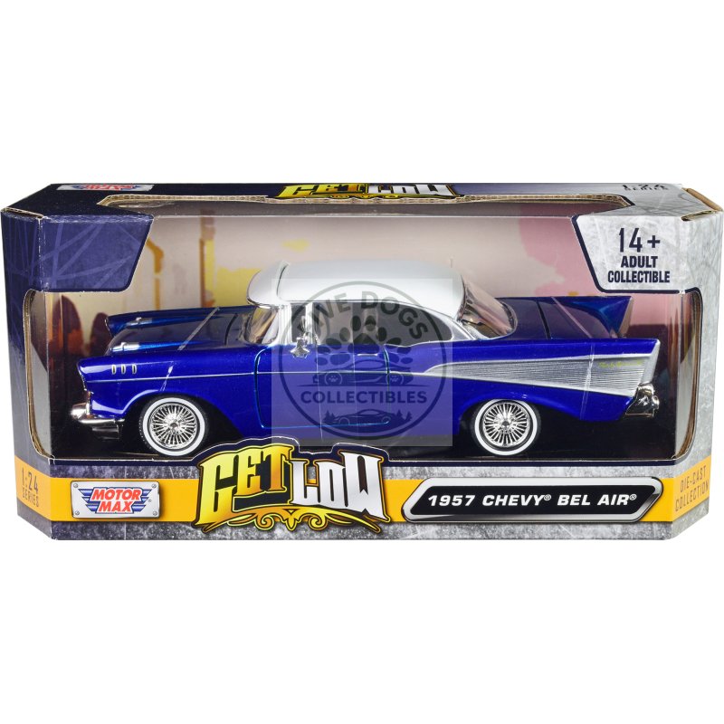 1957 chevrolet bel air lowrider candy blue with white top "get low" series 1/24 diecast model car by motormax