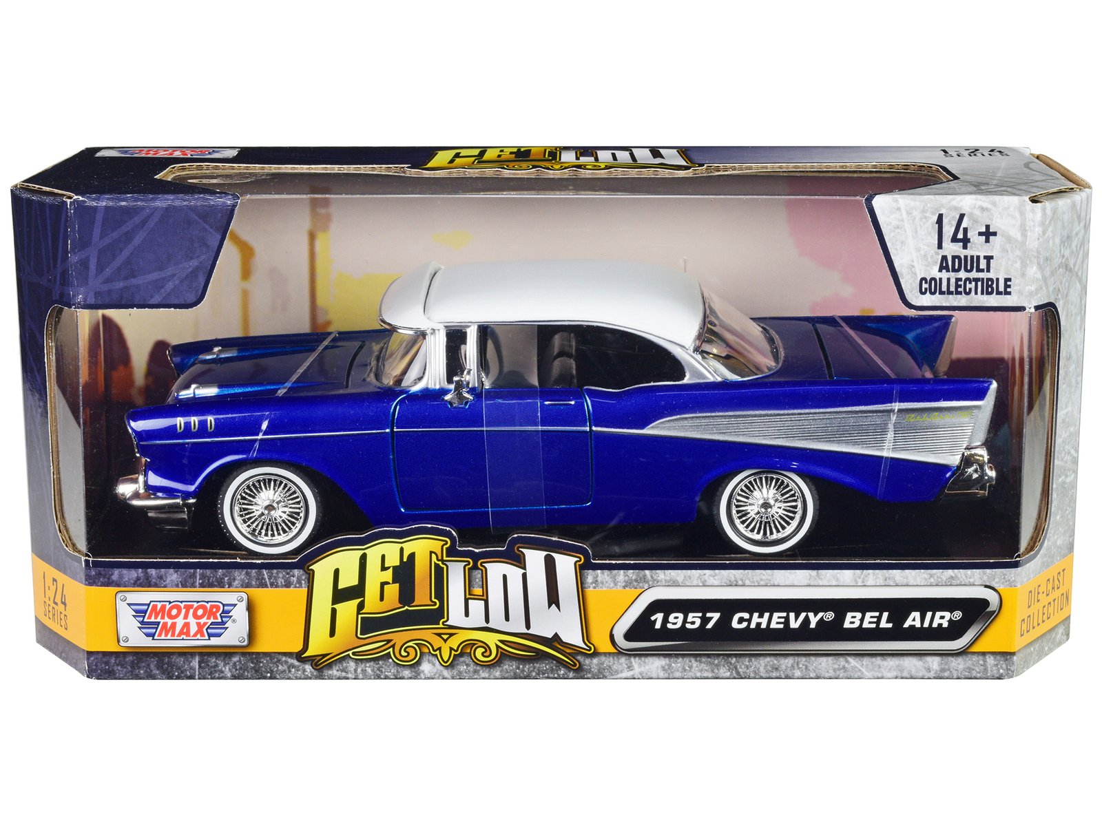 1957 chevrolet bel air lowrider candy blue with white top "get low" series 1/24 diecast model car by motormax 1957 chevrolet bel air lowrider candy blue with white top "get low" series 1/24 diecast model car by motormax