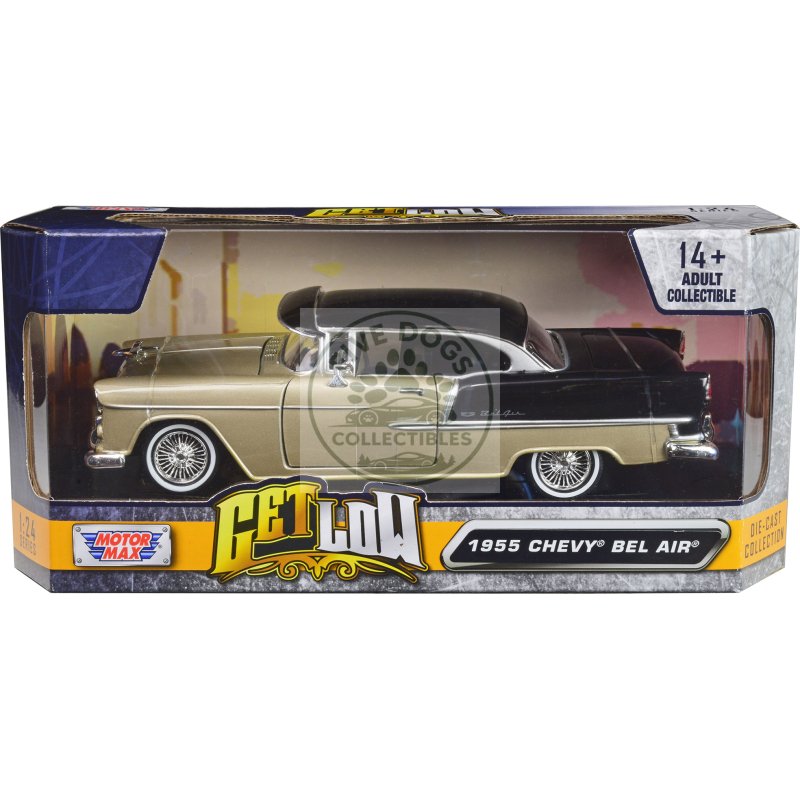 1955 chevrolet bel air lowrider hard top beige metallic and black "get low" series 1/24 diecast car model by motormax