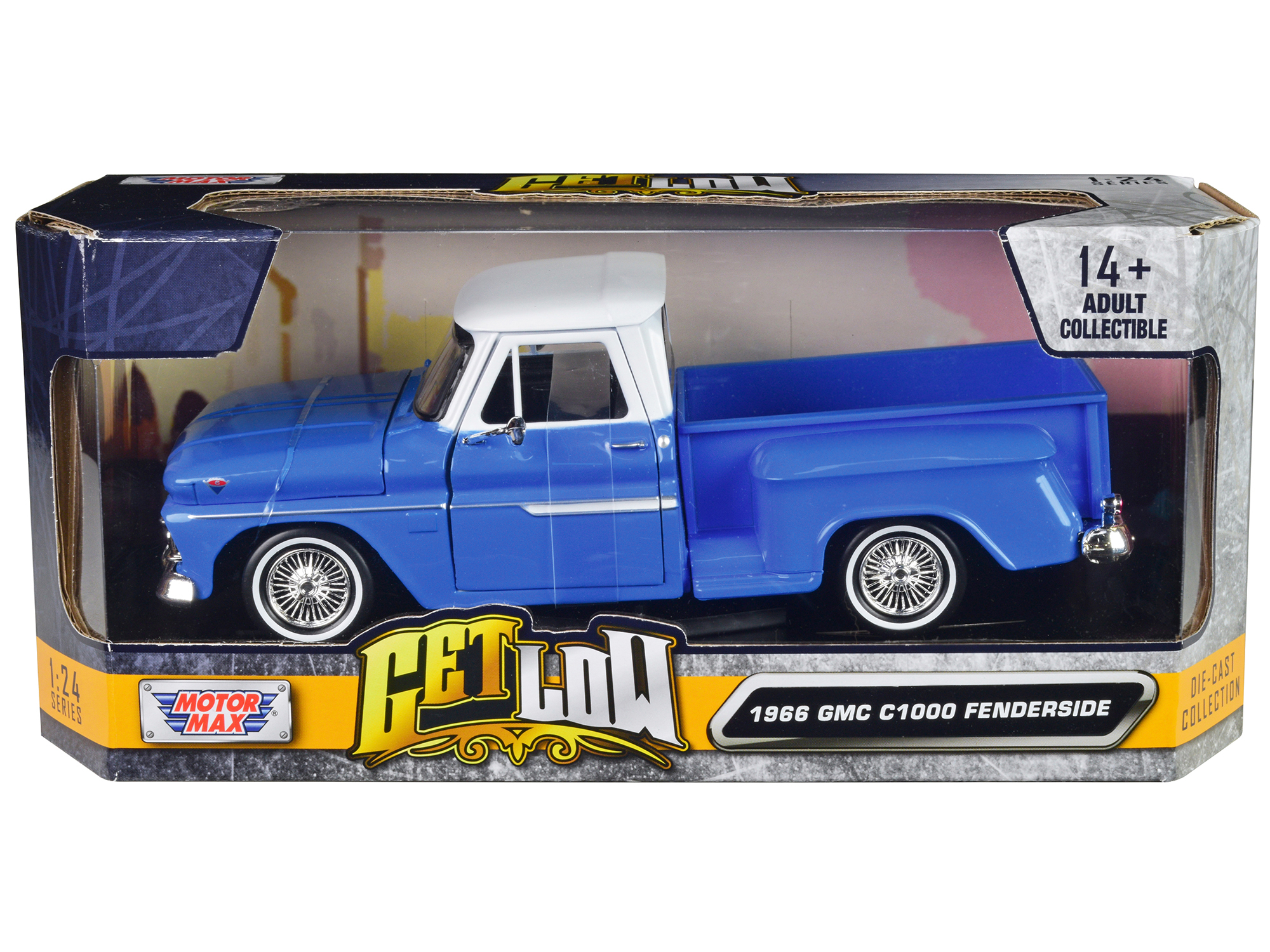 1966 gmc c1000 fenderside pickup truck lowrider blue with white top "get low" series 1/24 diecast model car by motormax 1966 gmc c1000 fenderside pickup truck lowrider blue with white top "get low" series 1/24 diecast model car by motormax