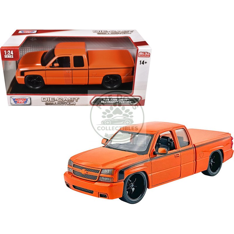 2006 chevrolet silverado custom pickup truck orange metallic with black stripes "die cast collection" series 1/25 diecast model car by motormax