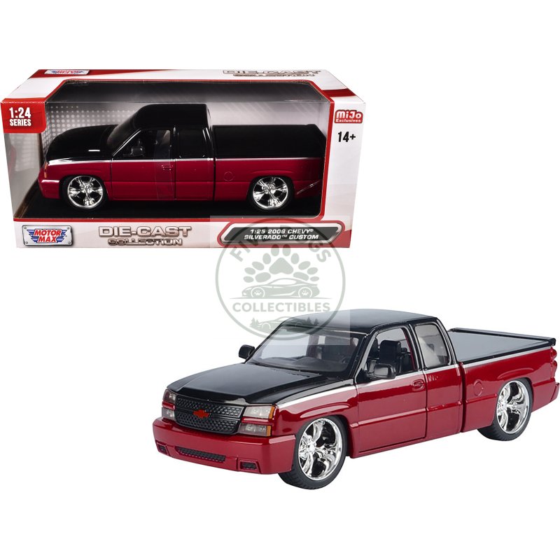 2006 chevrolet silverado custom pickup truck red metallic and black with silver stripes "die cast collection" series 1/25 diecast model car by motormax