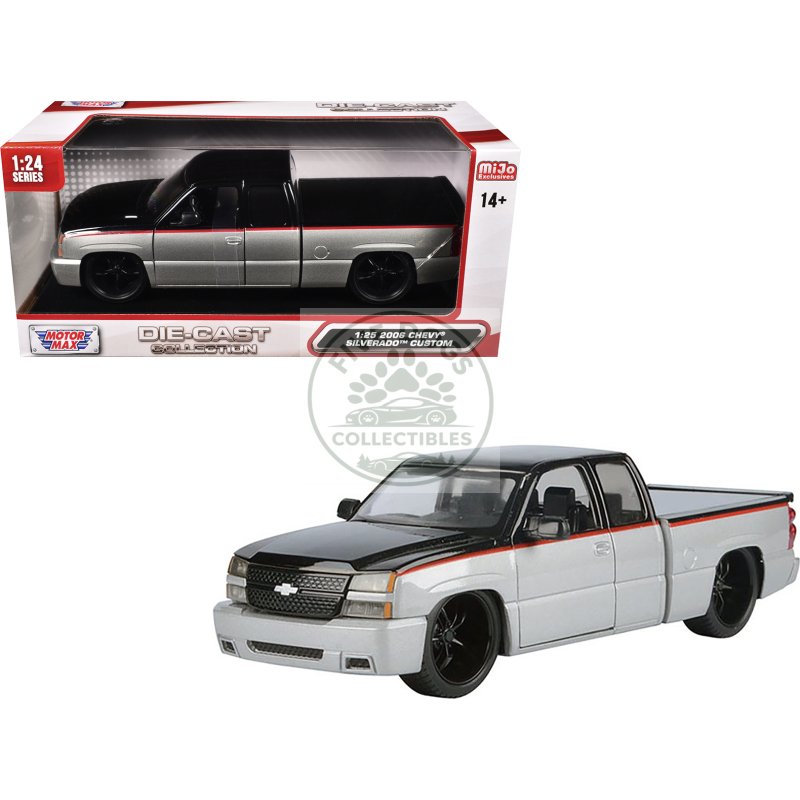 2006 chevrolet silverado custom pickup truck silver metallic and black with red stripes "die cast collection" series 1/25 diecast model car by motormax