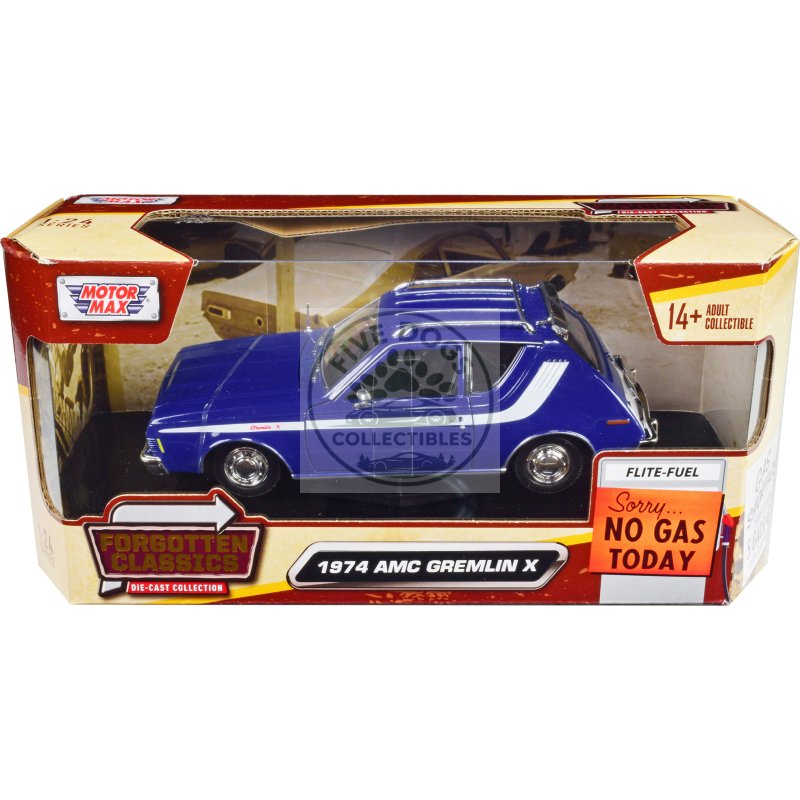 1974 amc gremlin x blue with white stripes and roof rack "forgotten classics" series 1/24 diecast model car by motormax