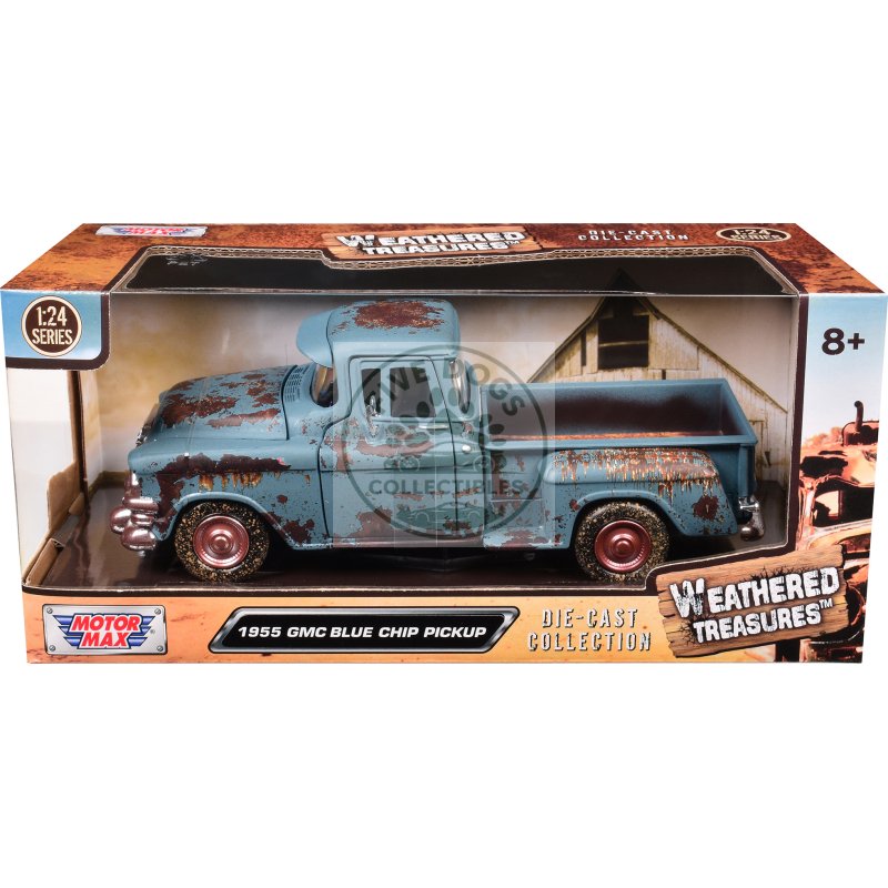 1955 gmc blue chip pickup truck matt blue (rusted) "weathered treasures" series 1/24 diecast model car by motormax