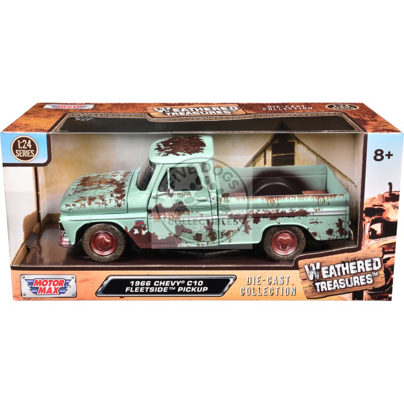 1966 chevrolet c10 fleetside pickup truck light green (rusted) "weathered treasures" series 1/24 diecast model car by motormax