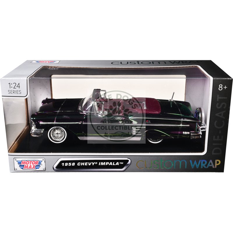 1958 chevrolet impala green and purple chrome "custom wrap" series 1/24 diecast model car by motormax