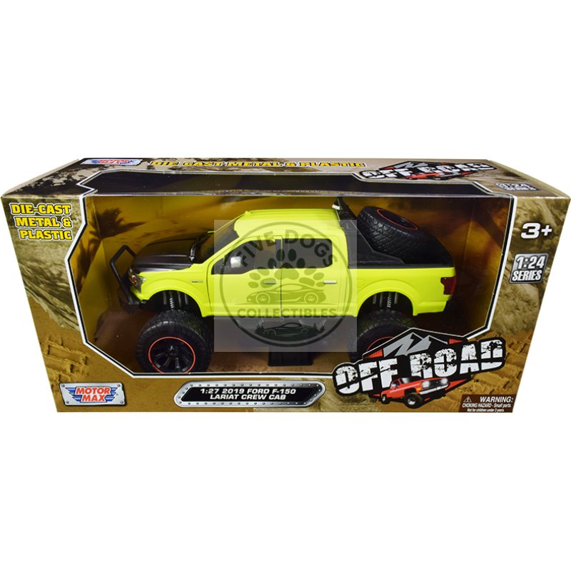 2019 ford f 150 lariat crew cab pickup truck off road bright green 1/27 diecast model car by motormax