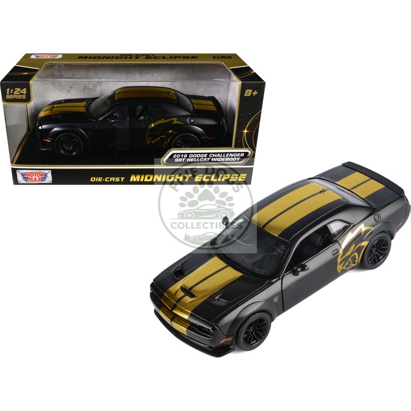 2018 dodge challenger srt hellcat widebody matt black with gold stripes and graphics "midnight eclipse" series 1/24 diecast model car by motormax