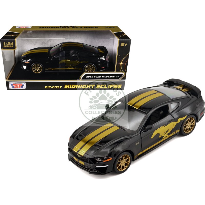 2018 ford mustang gt 5.0 black with gold stripes and graphics "midnight eclipse" series 1/24 diecast model car by motormax