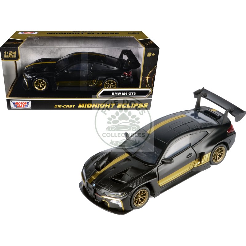 bmw m4 gt3 matt black with gold stripes "midnight eclipse" series 1/24 diecast model car by motormax