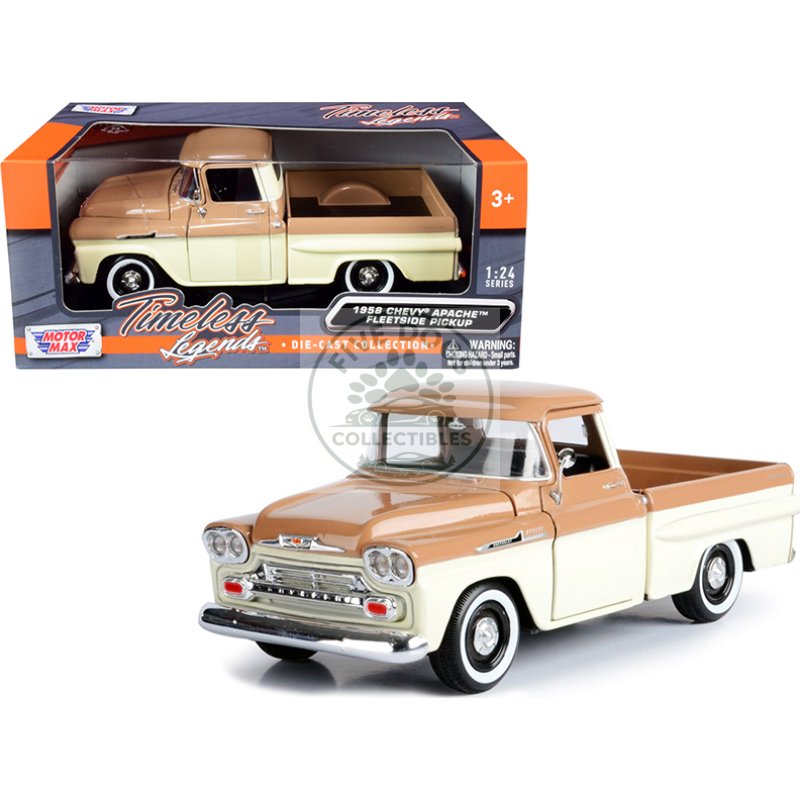1958 chevrolet apache fleetside pickup truck brown and beige 1/24 diecast model car by motormax