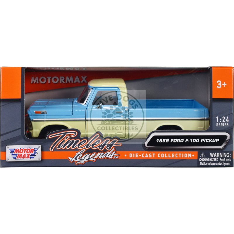 1969 ford f 100 pickup truck light blue and cream "timeless legends" series 1/24 diecast model car by motormax