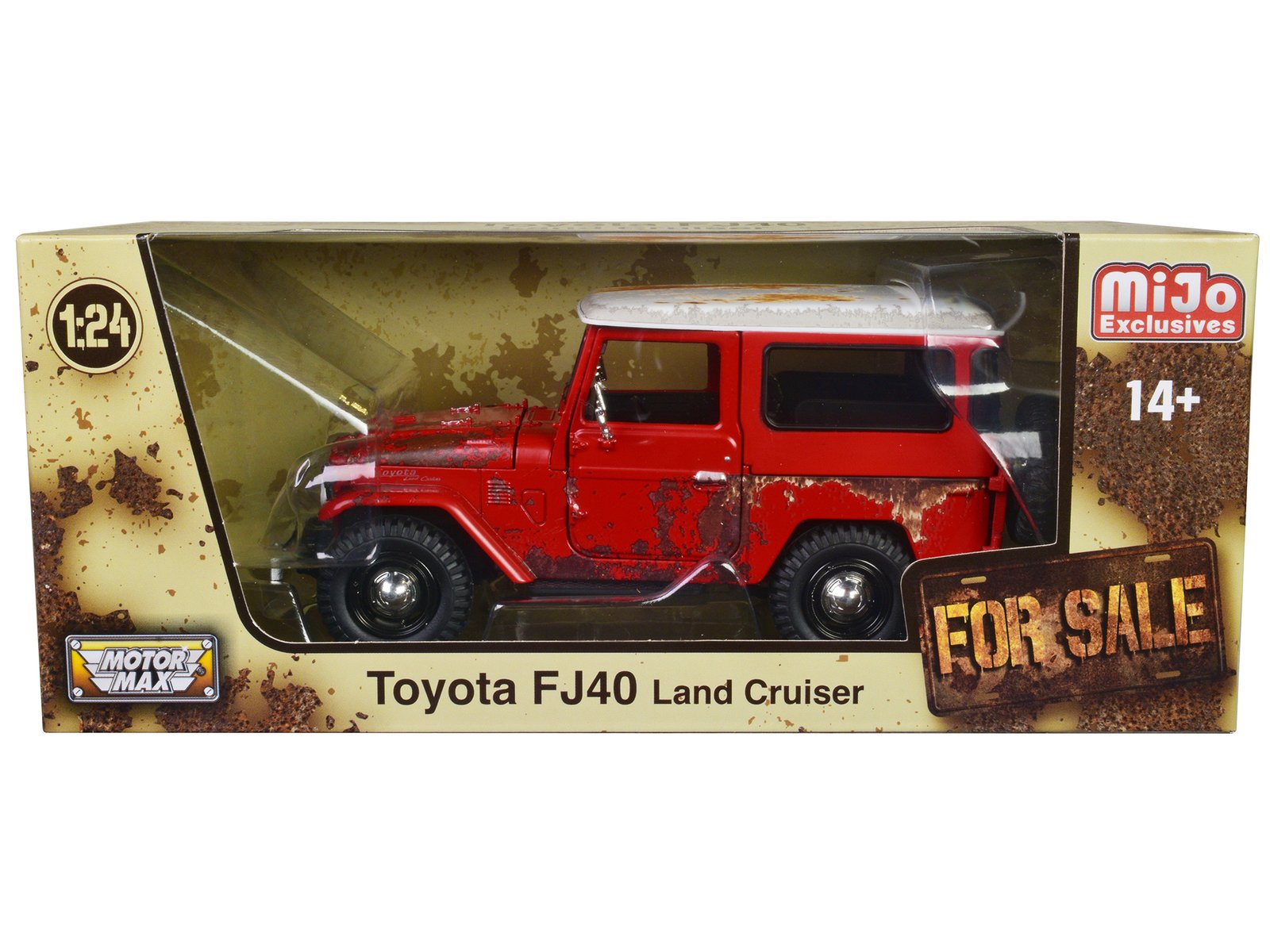 toyota fj40 land cruiser red with white top (rusted version) "for sale" series 1/24 diecast model car by motormax toyota fj40 land cruiser red with white top (rusted version) "for sale" series 1/24 diecast model car by motormax