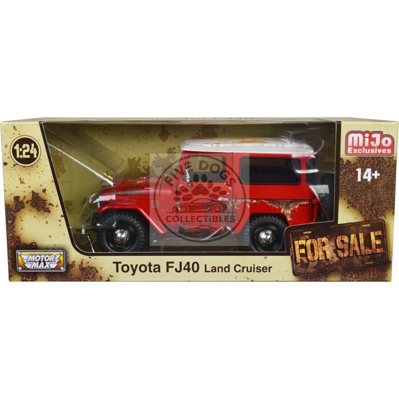 toyota fj40 land cruiser red with white top (rusted version) "for sale" series 1/24 diecast model car by motormax