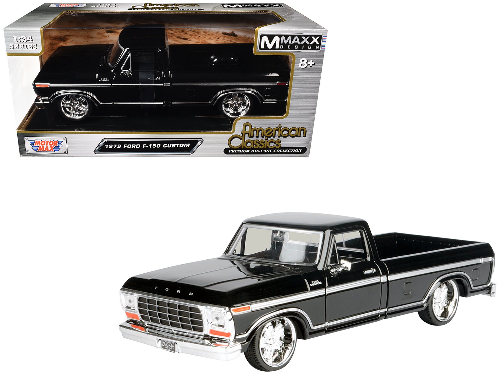 1979 ford f 150 custom pickup truck black "maxx design" series 1/24 diecast model car by motormax 1979 ford f 150 custom pickup truck black "maxx design" series 1/24 diecast model car by motormax