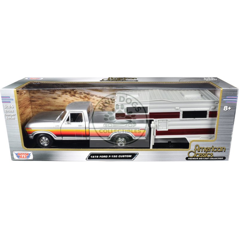 1979 ford f 150 custom pickup truck silver metallic with side stripes with camper shell "american classics" series 1/24 diecast model car by motormax