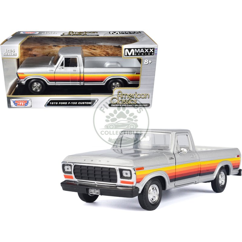 1979 ford f 150 custom pickup truck silver metallic with side stripes "american classics" series 1/24 diecast model car by motormax