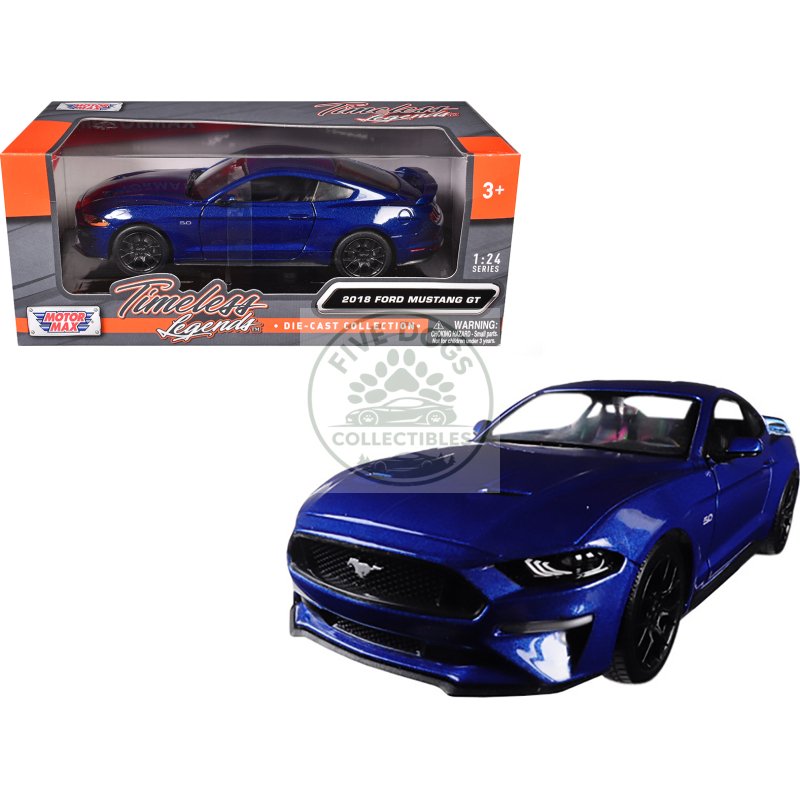 2018 ford mustang gt 5.0 blue with black wheels 1/24 diecast model car by motormax
