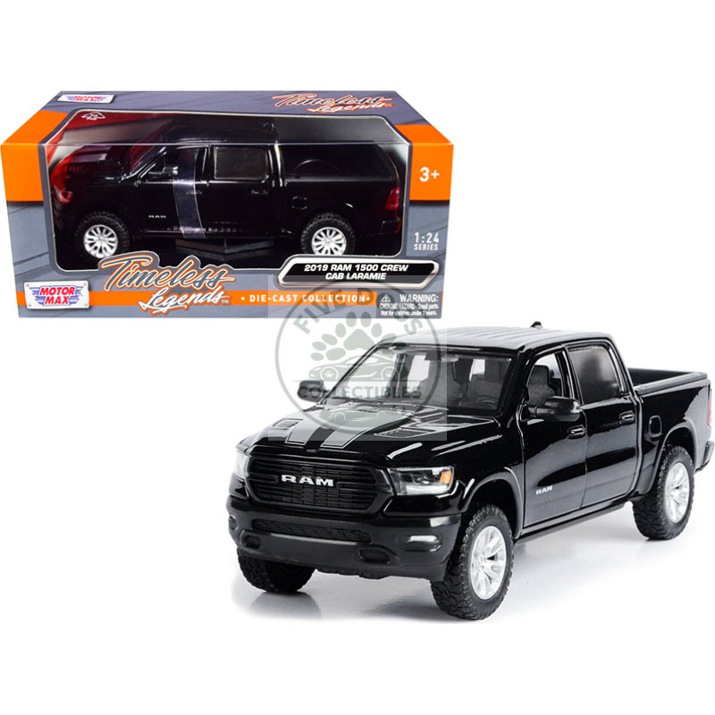 2019 ram 1500 laramie crew cab pickup truck black with silver stripes 1/24 diecast model car by motormax