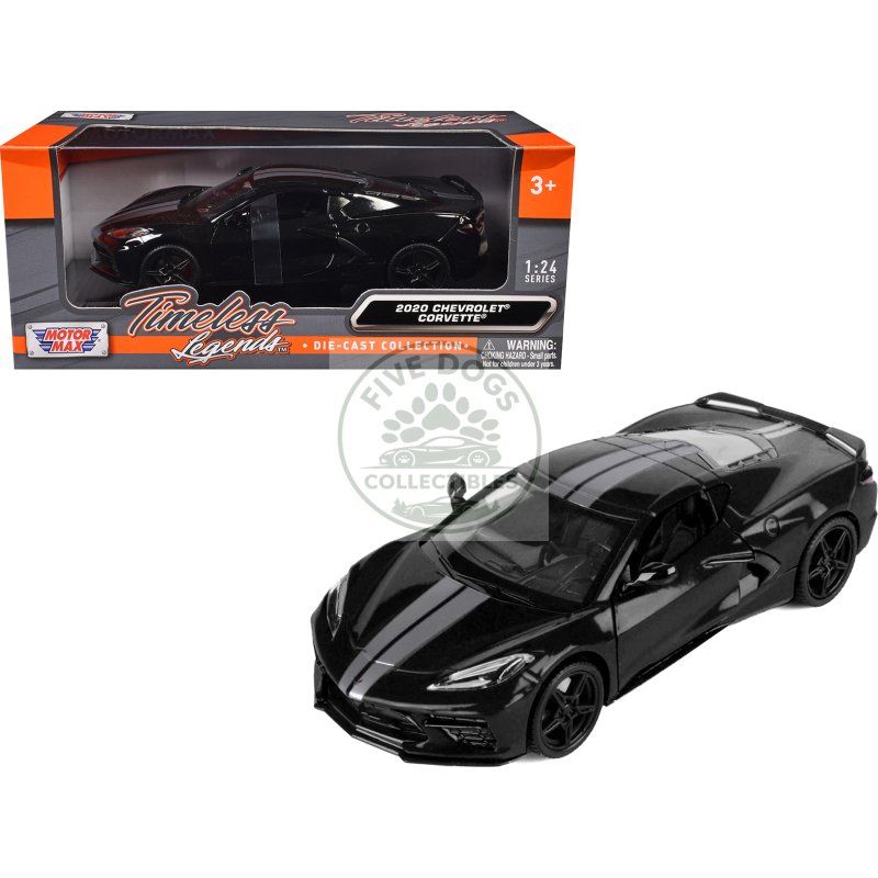 2020 chevrolet corvette c8 stingray black with silver stripes "timeless legends" series 1/24 diecast model car by motormax