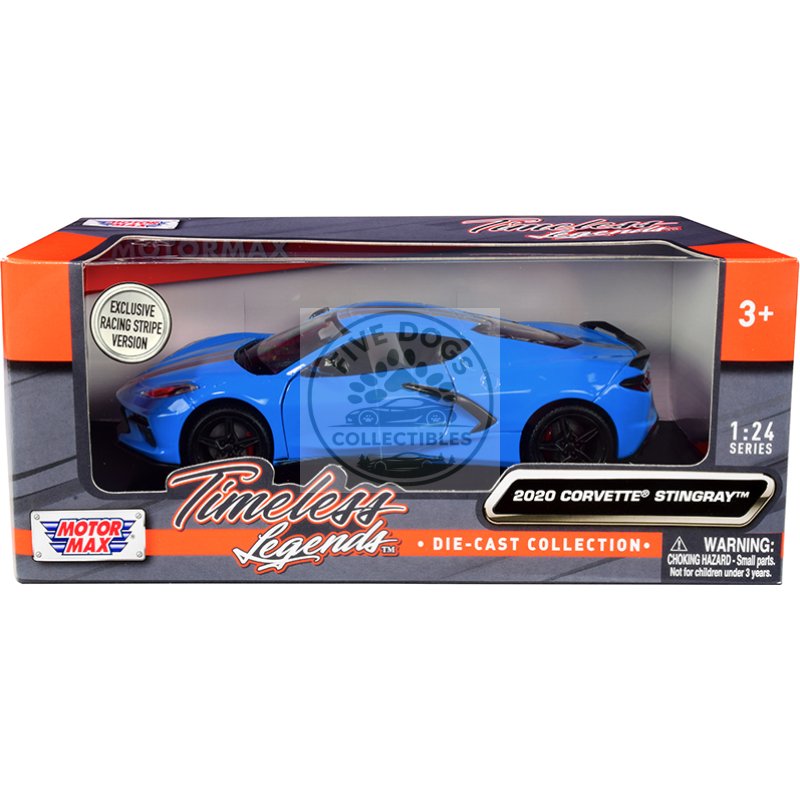2020 chevrolet corvette c8 stingray blue with silver racing stripes "timeless legends" 1/24 diecast model car by motormax
