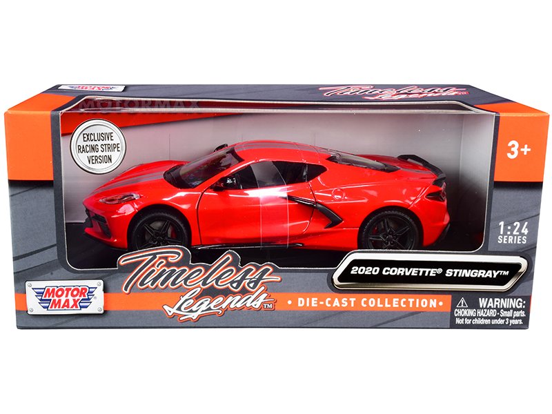 2020 chevrolet corvette c8 stingray red with silver racing stripes "timeless legends" 1/24 diecast model car by motormax 2020 chevrolet corvette c8 stingray red with silver racing stripes "timeless legends" 1/24 diecast model car by motormax