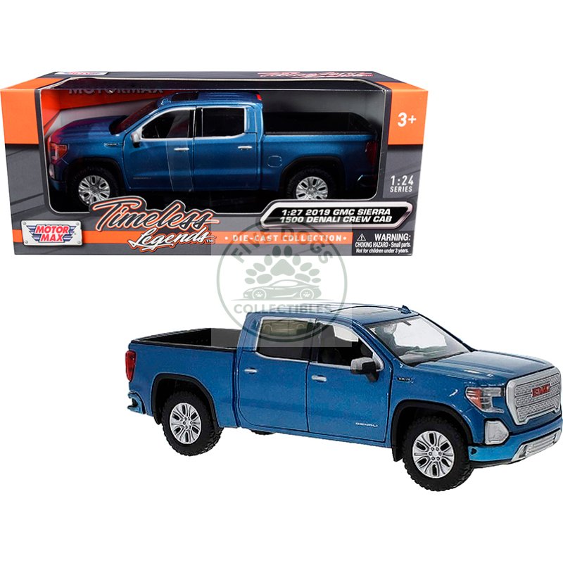 2019 gmc sierra 1500 denali crew cab pickup truck blue metallic 1/24 1/27 diecast model car by motormax