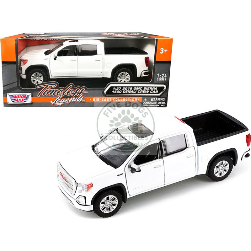 2019 gmc sierra 1500 denali crew cab pickup truck with sunroof white "timeless legends" series 1/24 1/27 diecast model car by motormax