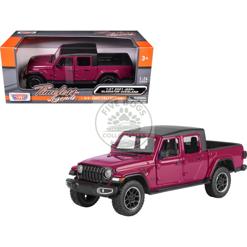 2021 jeep gladiator overland pickup truck purple with matt black top 1/24 diecast model car by motormax