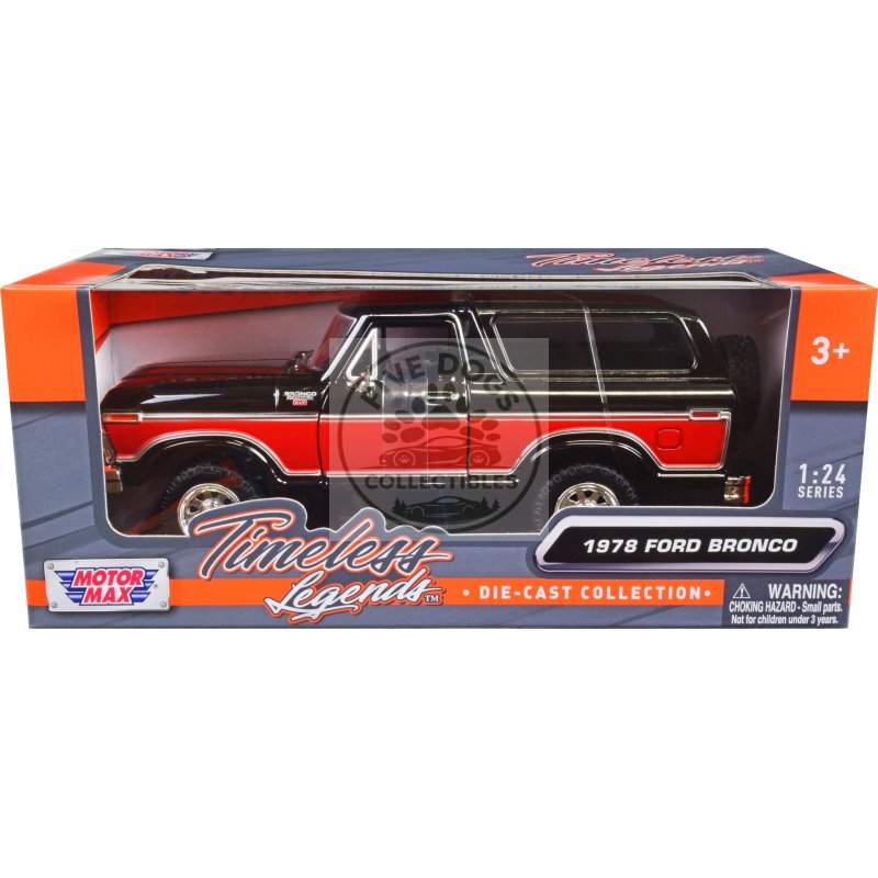 1978 ford bronco ranger xlt with spare tire black and red "timeless legends" series 1/24 diecast model car by motormax