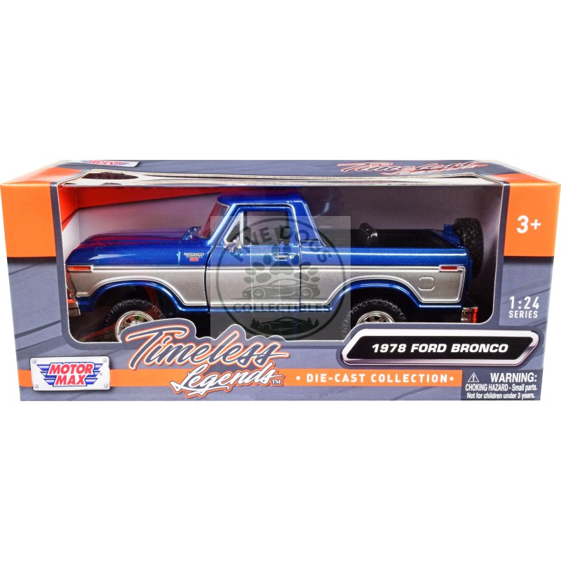 1978 ford bronco ranger xlt (open top) with spare tire blue metallic and silver "timeless legends" series 1/24 diecast model car by motormax
