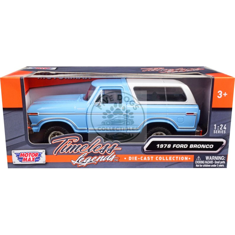 1978 ford bronco custom light blue and white "timeless legends" series 1/24 diecast model car by motormax