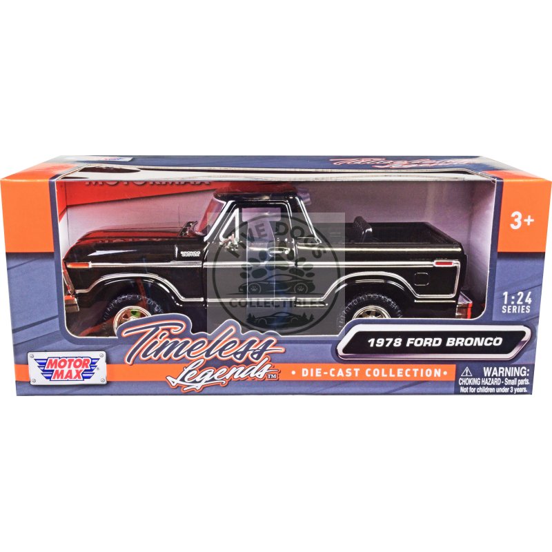 1978 ford bronco custom (open top) black "timeless legends" series 1/24 diecast model car by motormax