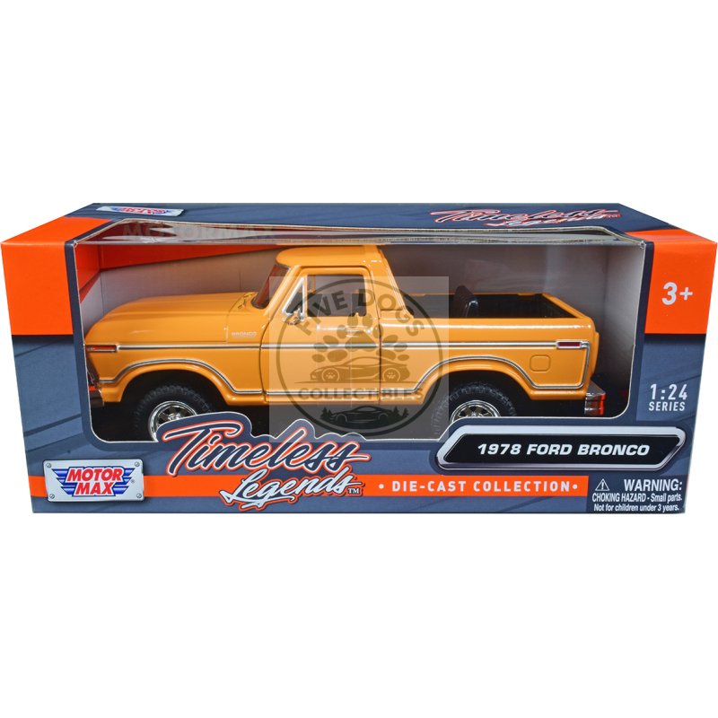 1978 ford bronco custom (open top) yellow with "timeless legends" series 1/24 diecast model car by motormax
